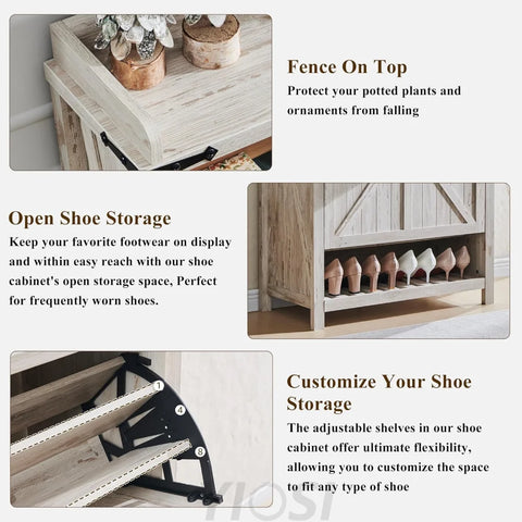 OKD Farmhouse Shoe Storage Cabinet: 2 Flip Drawers, Rustic White