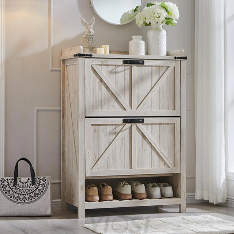 OKD Farmhouse Shoe Storage Cabinet: 2 Flip Drawers, Rustic White