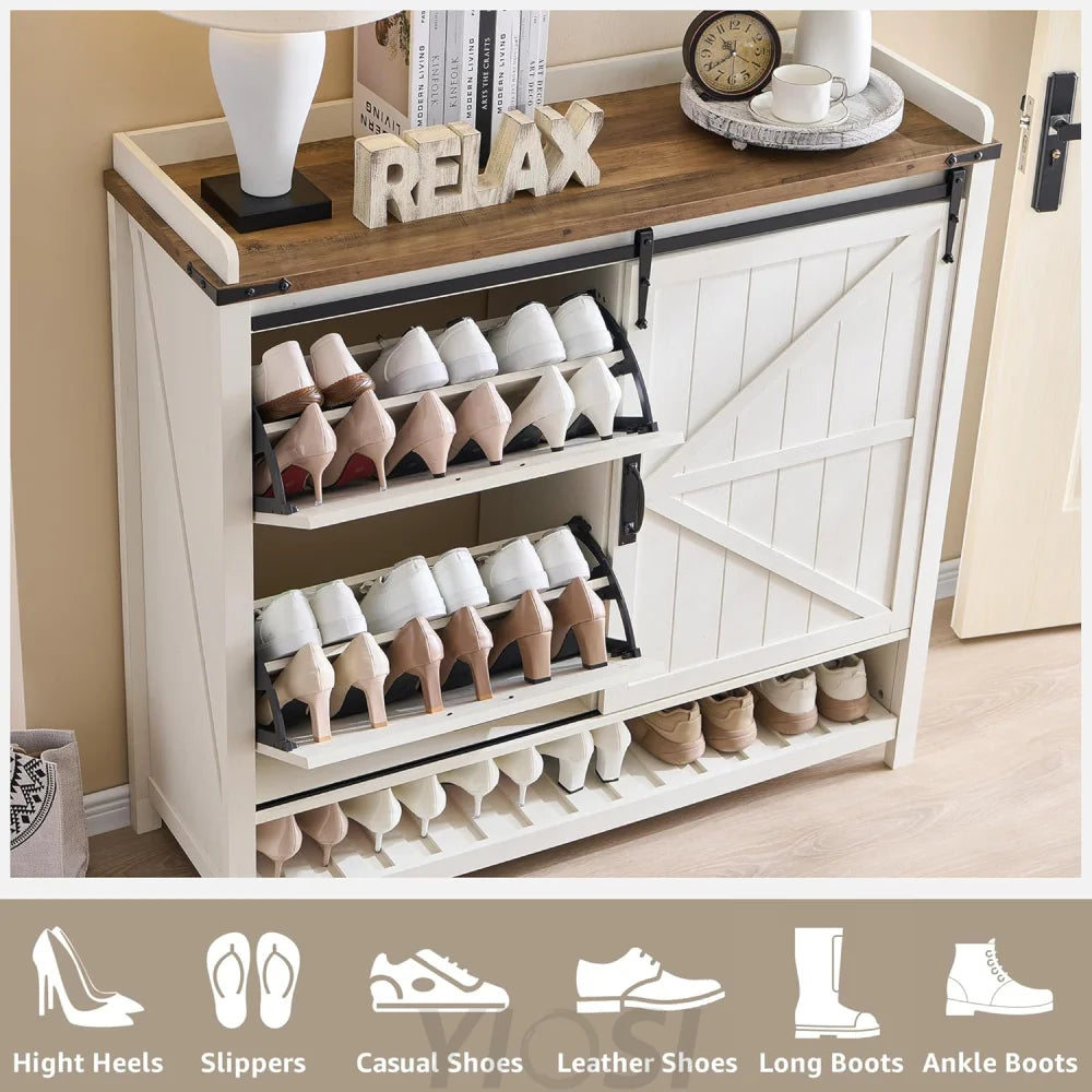 OKD Farmhouse Shoe Storage Cabinet - 2 Flip Drawers and Sliding Door