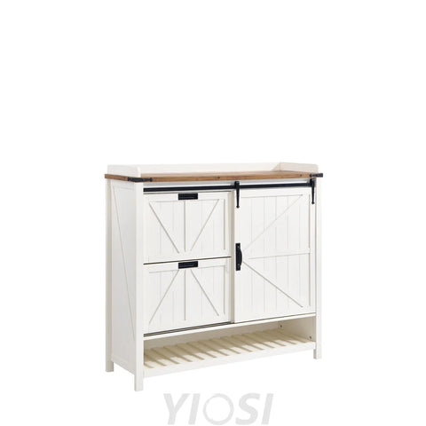 Farmhouse Shoe Storage Cabinet - 2 Flip Drawers and Sliding Door