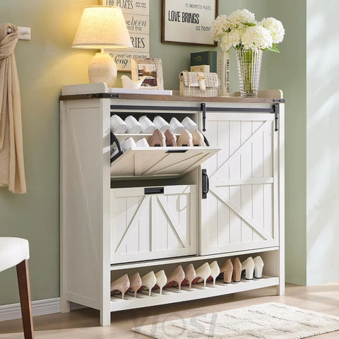 OKD Farmhouse Shoe Storage Cabinet - 2 Flip Drawers and Sliding Door