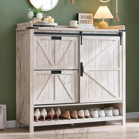 Farmhouse Shoe Storage Cabinet - 2 Flip Drawers and Sliding Door Antique Brush White