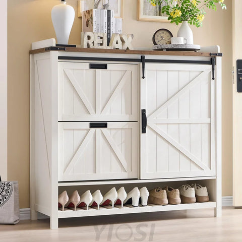 OKD Farmhouse Shoe Storage Cabinet - 2 Flip Drawers and Sliding Door
