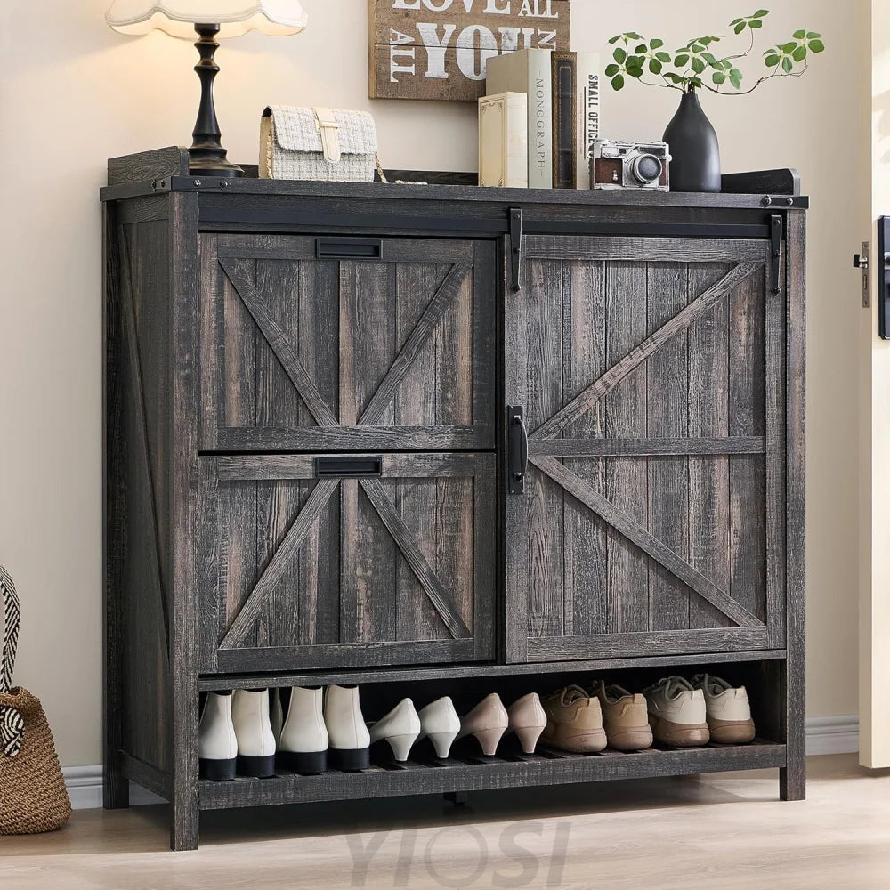Farmhouse Shoe Storage Cabinet - 2 Flip Drawers and Sliding Door Dark Rustic Oak