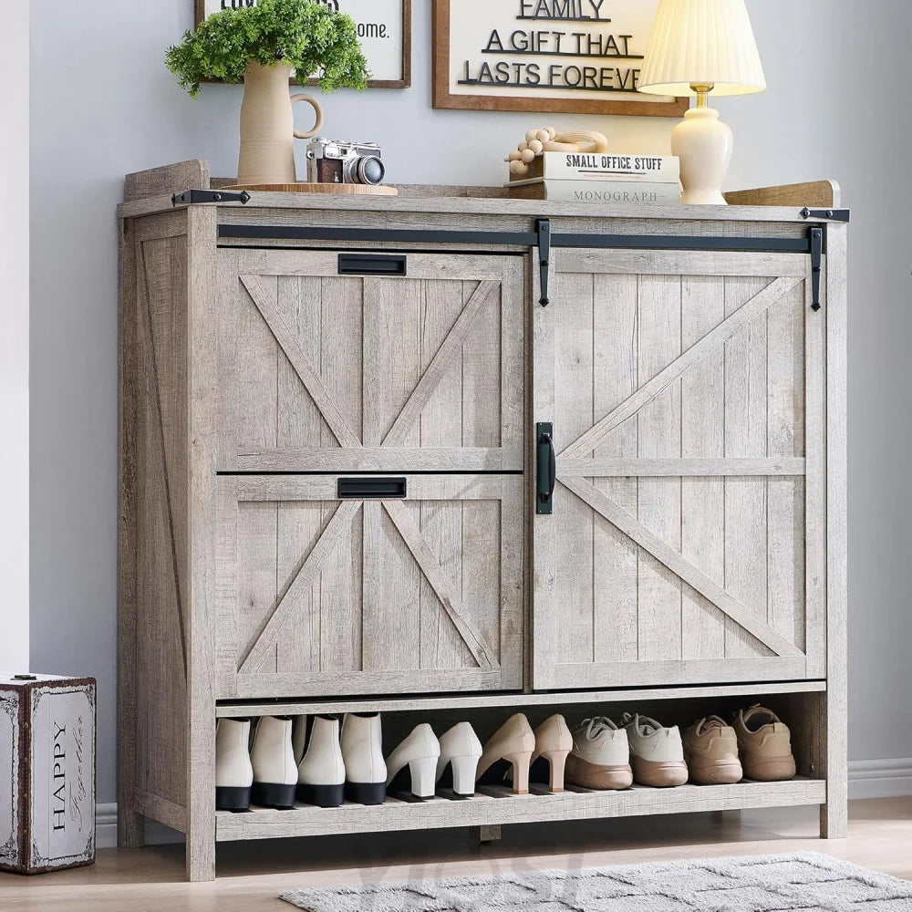 Farmhouse Shoe Storage Cabinet - 2 Flip Drawers and Sliding Door Light Rustic Oak