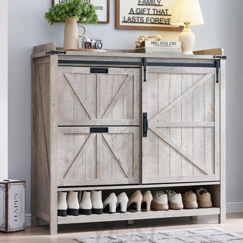 Farmhouse Shoe Storage Cabinet - 2 Flip Drawers and Sliding Door Light Rustic Oak