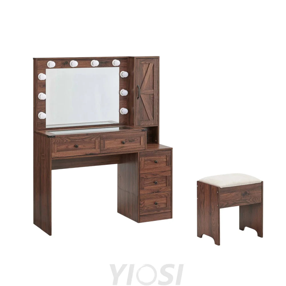 Farmhouse Style Vanity Makeup Desk 43’’ with Lighted Mirror & Charging