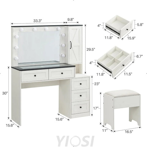 Farmhouse Style Vanity Makeup Desk with Lighted Mirror & Charging
