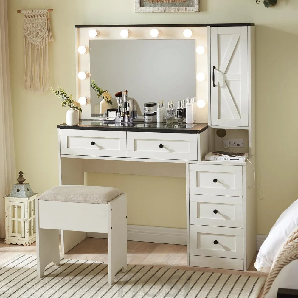 Farmhouse Style Vanity Makeup Desk with Lighted Mirror & Charging