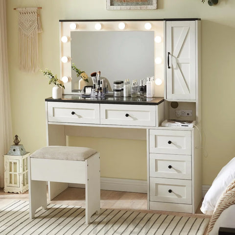 Farmhouse Style Vanity Makeup Desk with Lighted Mirror & Charging