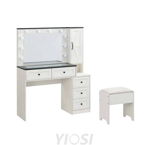 Farmhouse Style Vanity Makeup Desk 43’’ with Lighted Mirror & Charging