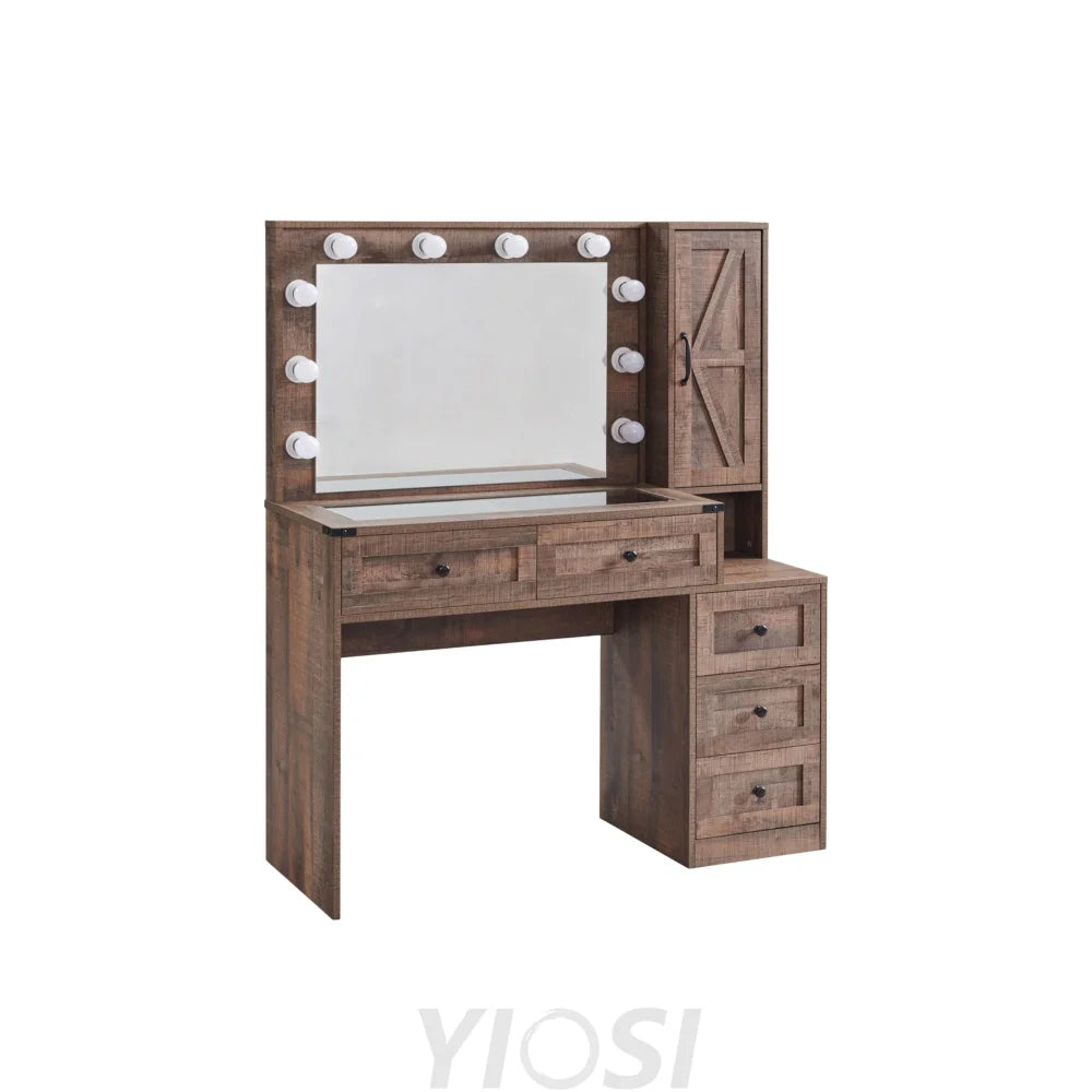 Farmhouse Style Vanity Makeup Desk 43’’ with Lighted Mirror & Charging