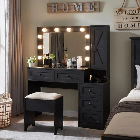 Farmhouse Style Vanity Makeup Desk 43’’ with Lighted Mirror & Charging Black