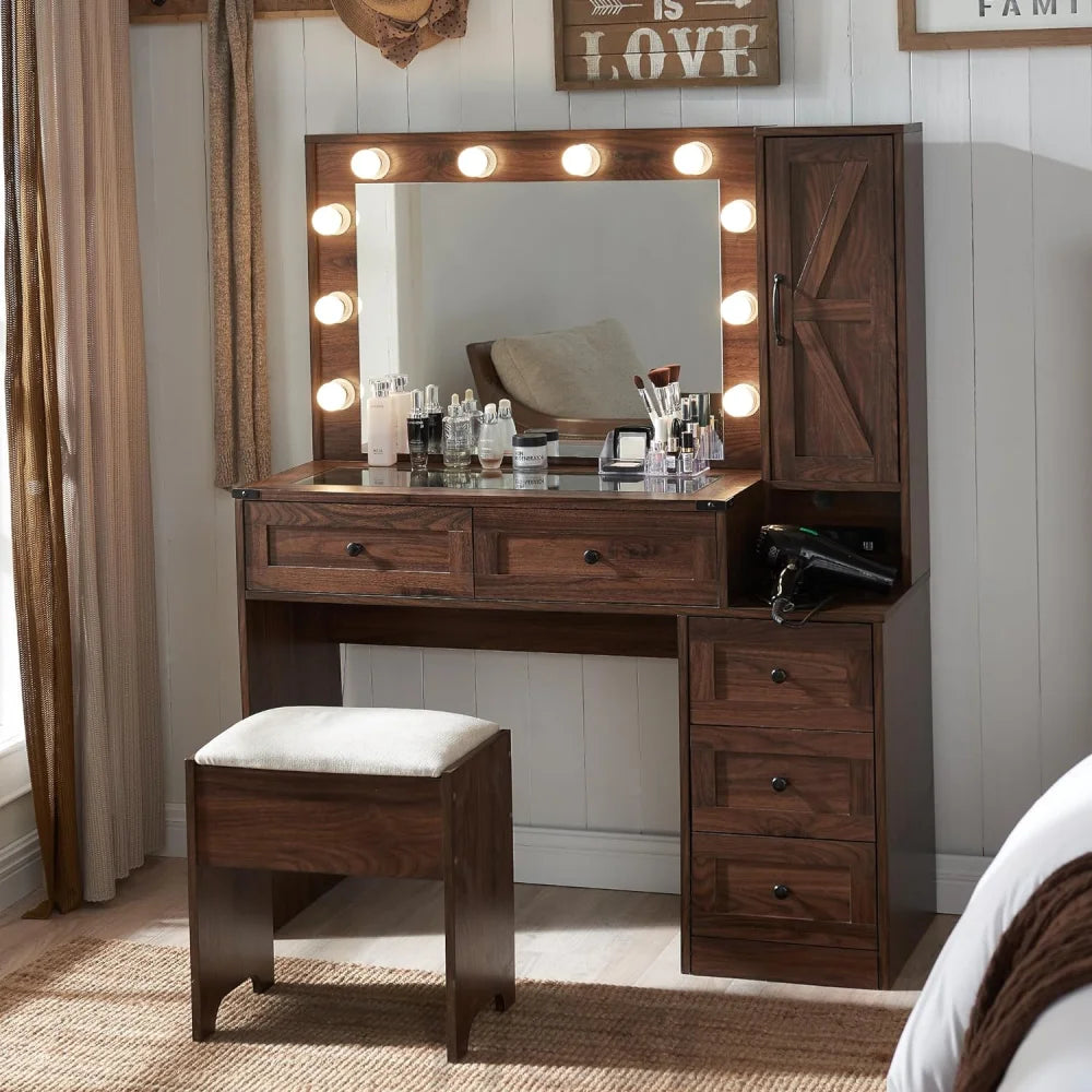 Farmhouse Style Vanity Makeup Desk 43’’ with Lighted Mirror & Charging Brown