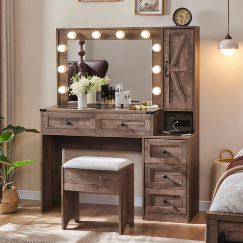 Farmhouse Style Vanity Makeup Desk 43’’ with Lighted Mirror & Charging Light Brown
