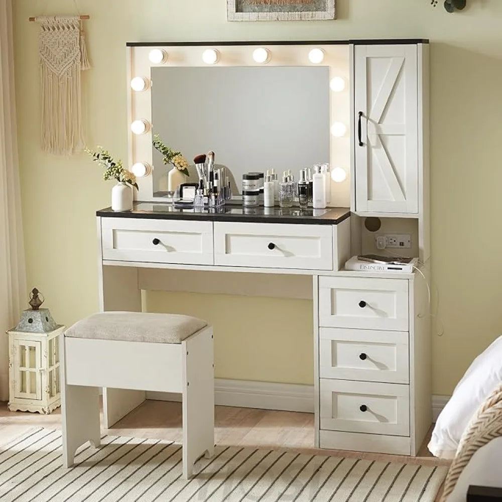 Farmhouse Style Vanity Makeup Desk with Lighted Mirror & Charging