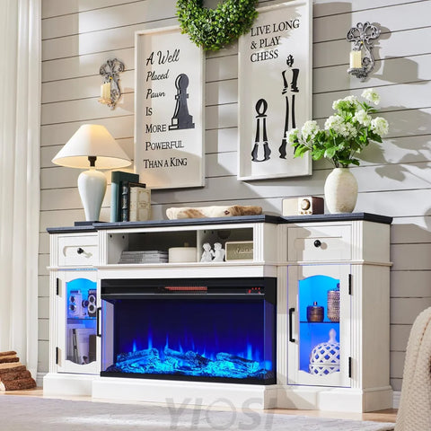 Farmhouse TV Stand with 36" Fireplace & LED - Antique White