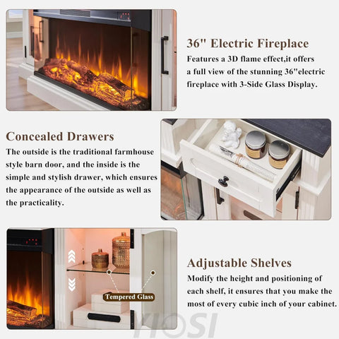Farmhouse TV Stand with 36" Fireplace & LED - Antique White