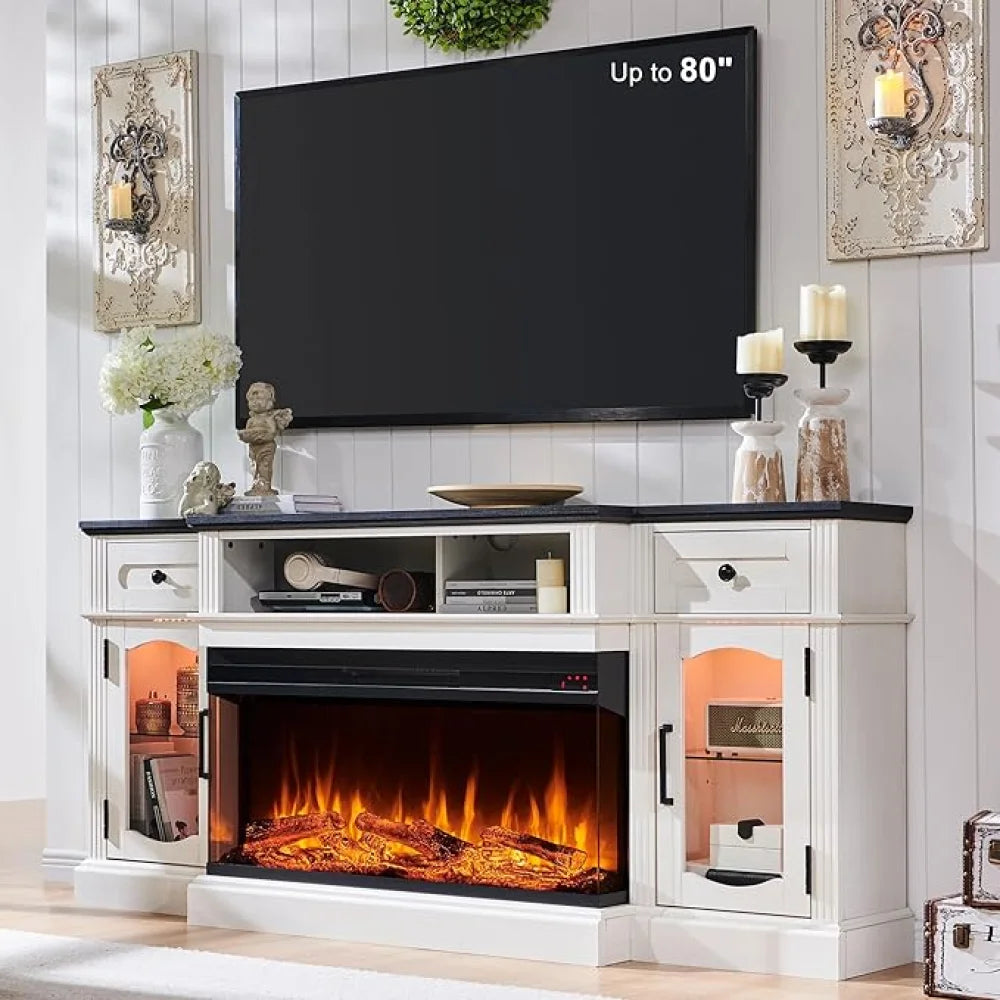 Farmhouse TV Stand with 36" Fireplace & LED - Antique White