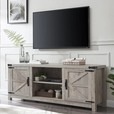 T4TREAM Farmhouse TV Stand with Barn Doors, Gray Wash