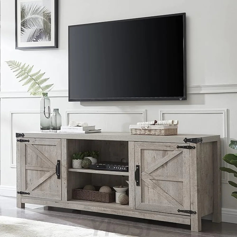 T4TREAM Farmhouse TV Stand with Barn Doors, Gray Wash