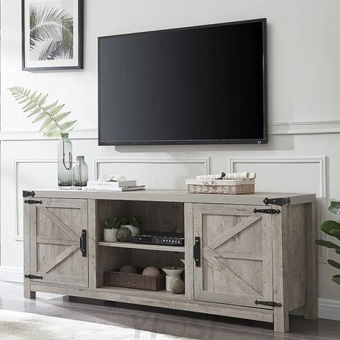 T4TREAM Farmhouse TV Stand with Barn Doors, Gray Wash