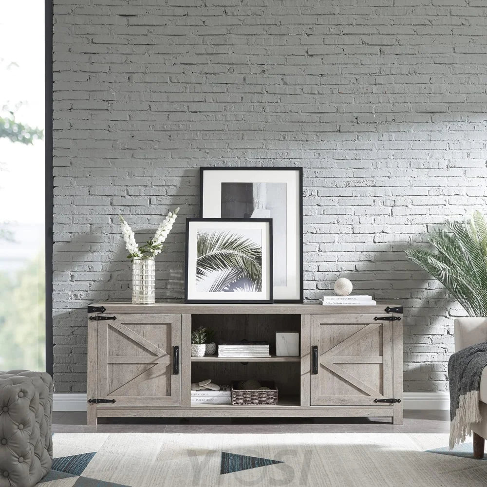 T4TREAM Farmhouse TV Stand with Barn Doors, Gray Wash