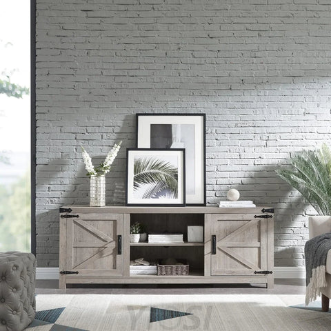 T4TREAM Farmhouse TV Stand with Barn Doors, Gray Wash