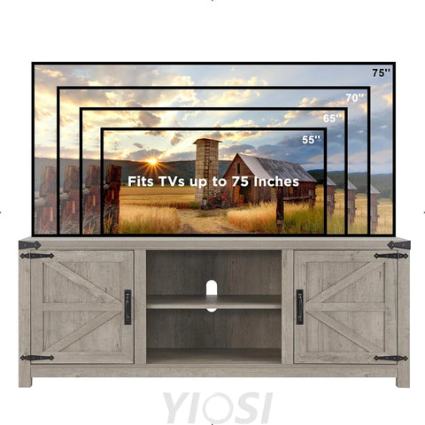 T4TREAM Farmhouse TV Stand with Barn Doors, Gray Wash