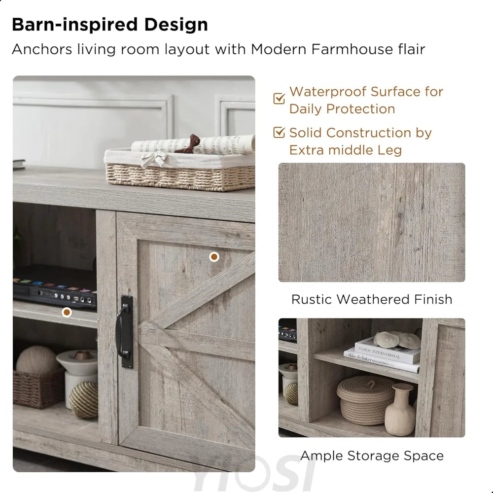 T4TREAM Farmhouse TV Stand with Barn Doors, Gray Wash