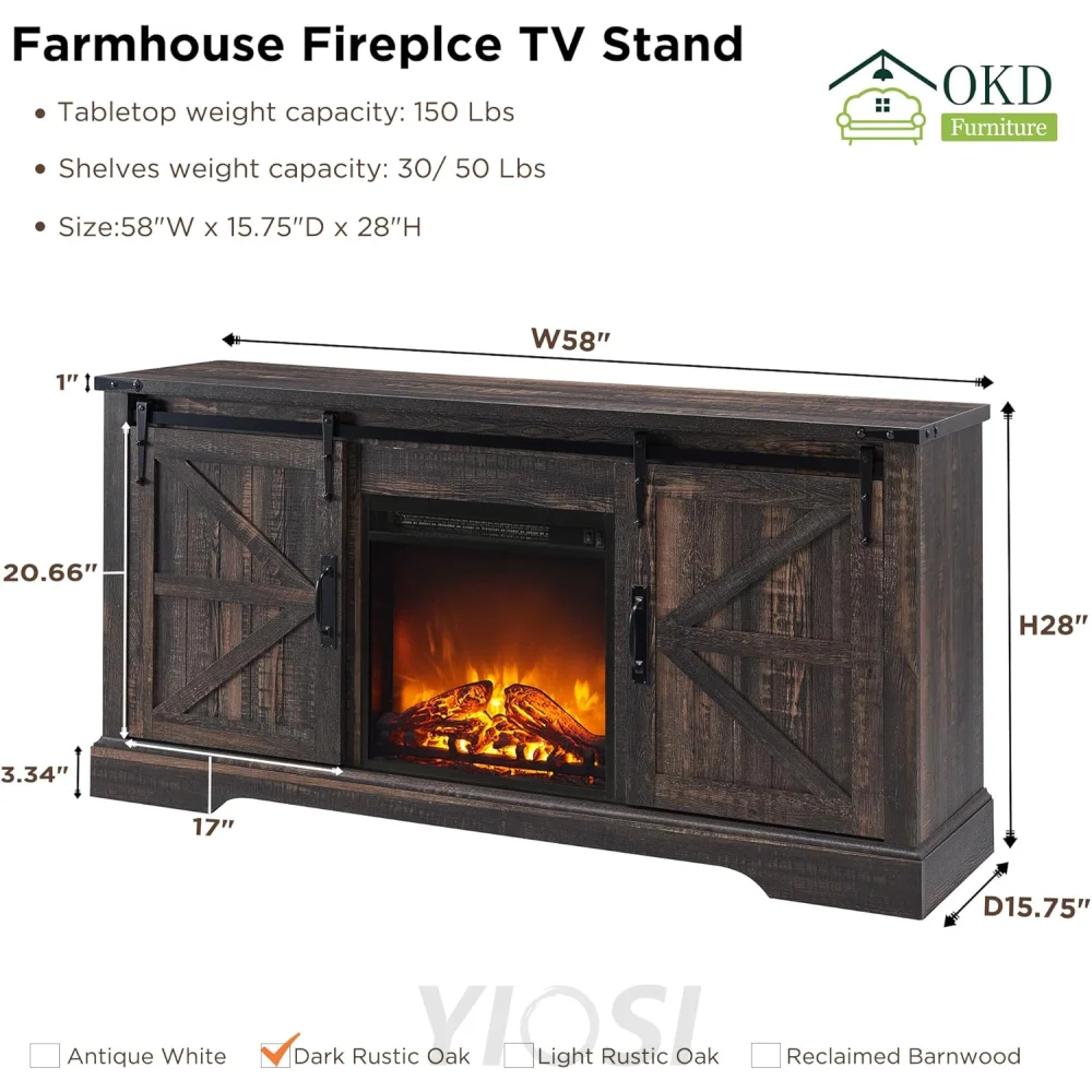 OKD Farmhouse TV Stand with Fireplace for TVs Up To 65 Inch