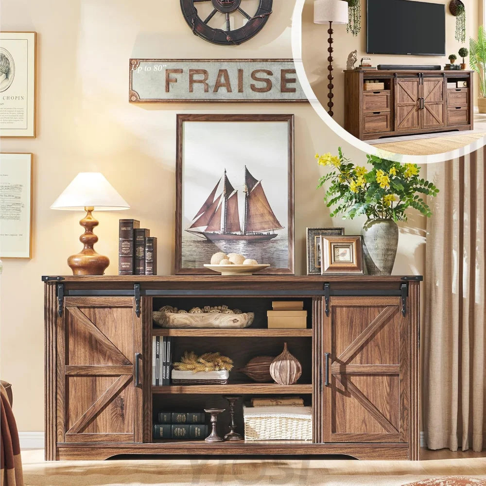 Farmhouse TV Stand with Sliding Barn Door, Rustic Media Console