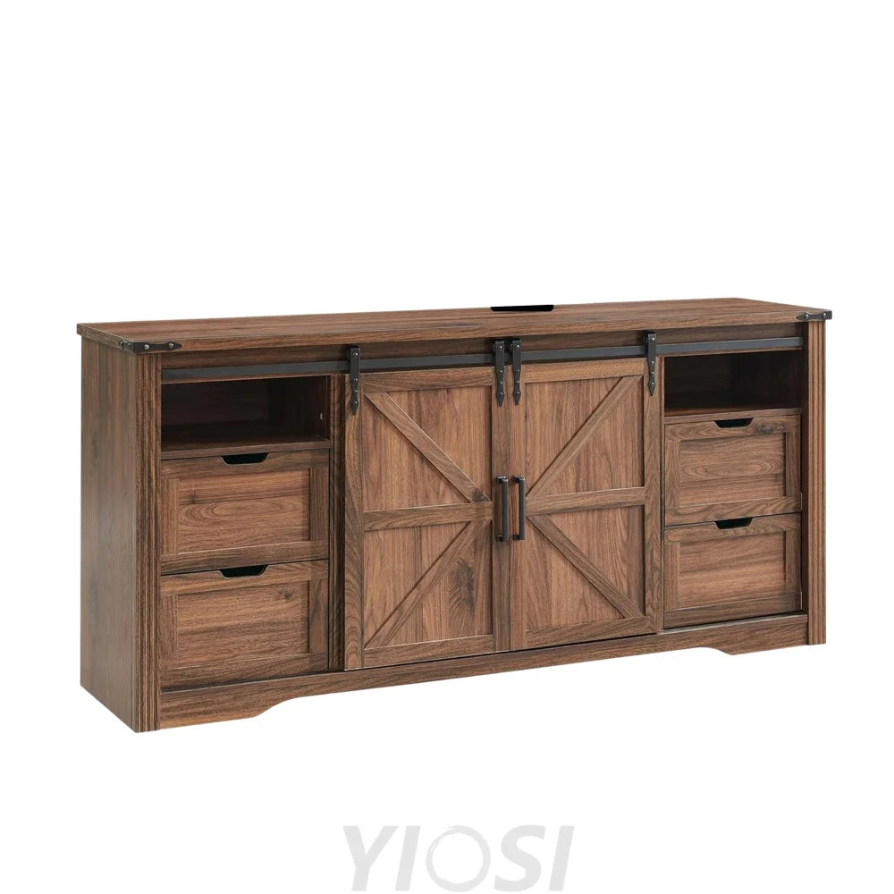 Farmhouse TV Stand with Sliding Barn Door Rustic Media Console 66-Inch / Brown