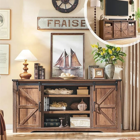 Farmhouse TV Stand with Sliding Barn Door, Rustic Media Console