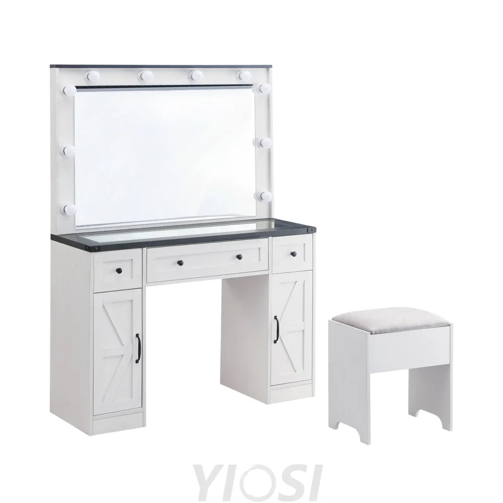 Farmhouse Vanity Desk 43’’ with Hollywood Mirror Drawers Cabinets & Stool