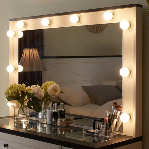 Farmhouse Vanity Desk with Hollywood Mirror, Drawers, Cabinets & Stool