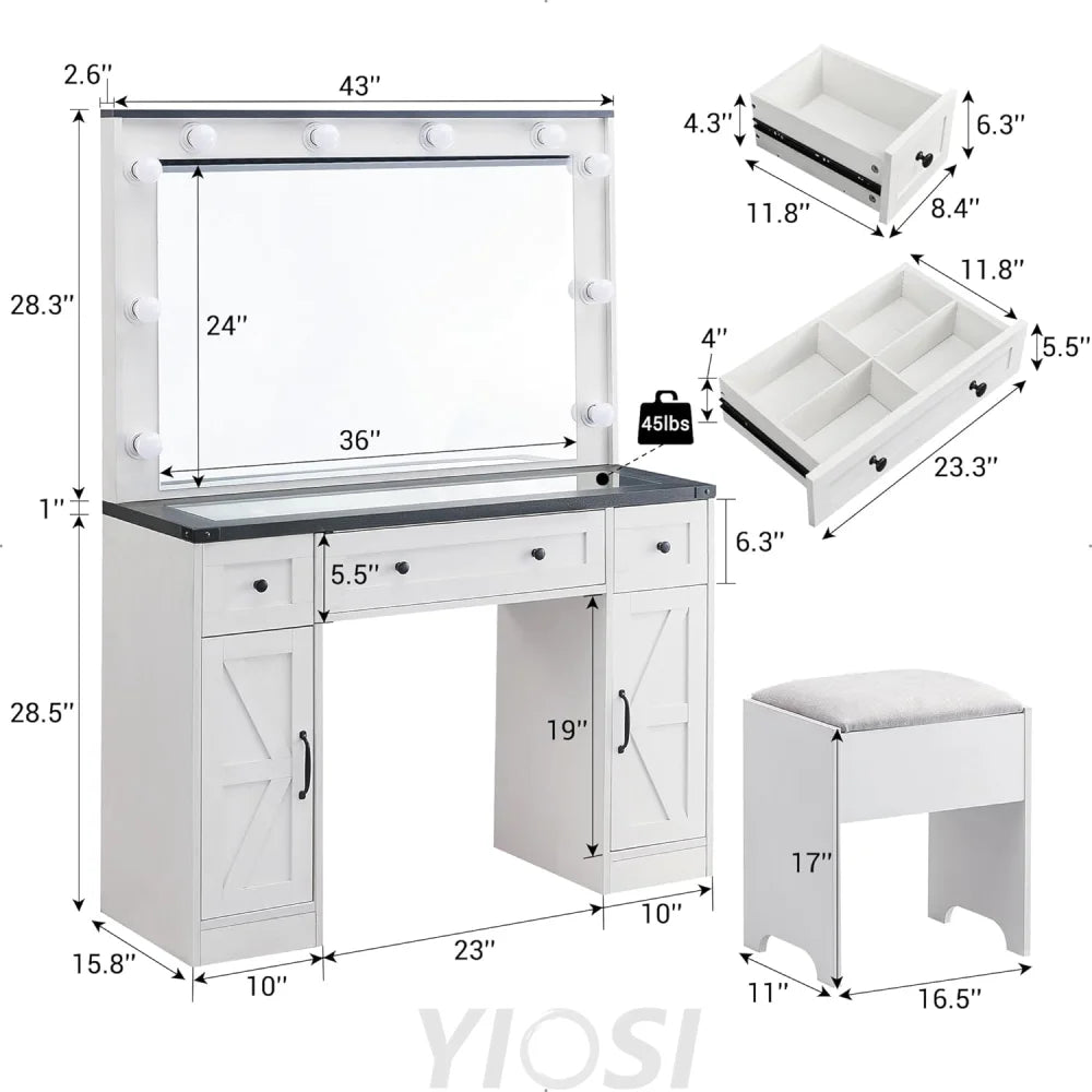 Farmhouse Vanity Desk with Hollywood Mirror, Drawers, Cabinets & Stool