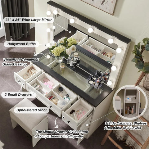 Farmhouse Vanity Desk with Hollywood Mirror, Drawers, Cabinets & Stool