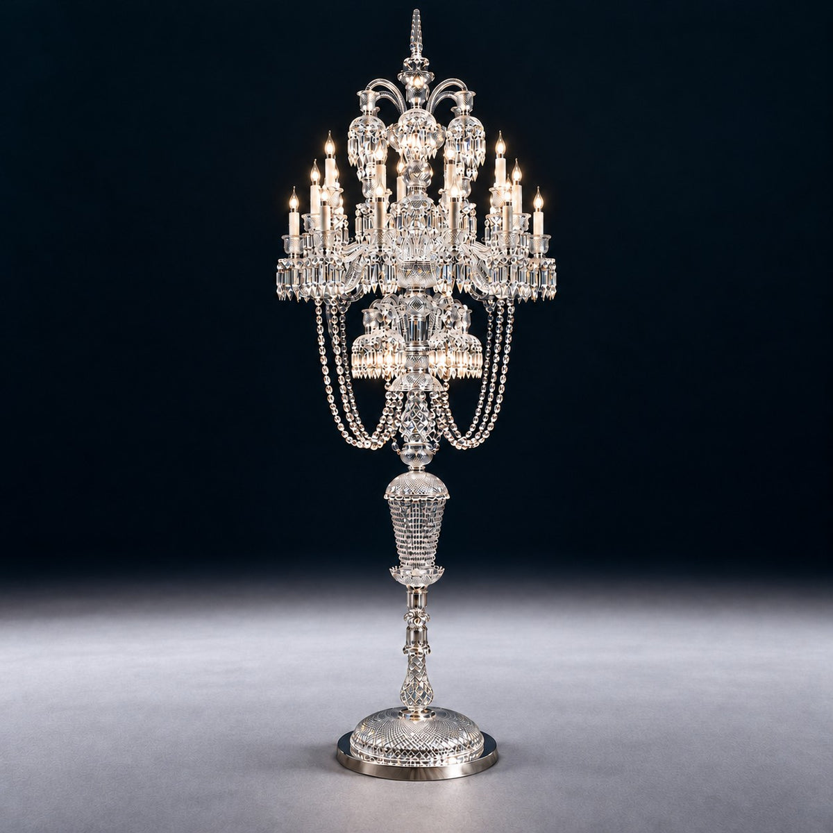 Feluna Clear Beaded Crystal 36-Light Floor Lamp 106.3" on a deep teal-blue wall