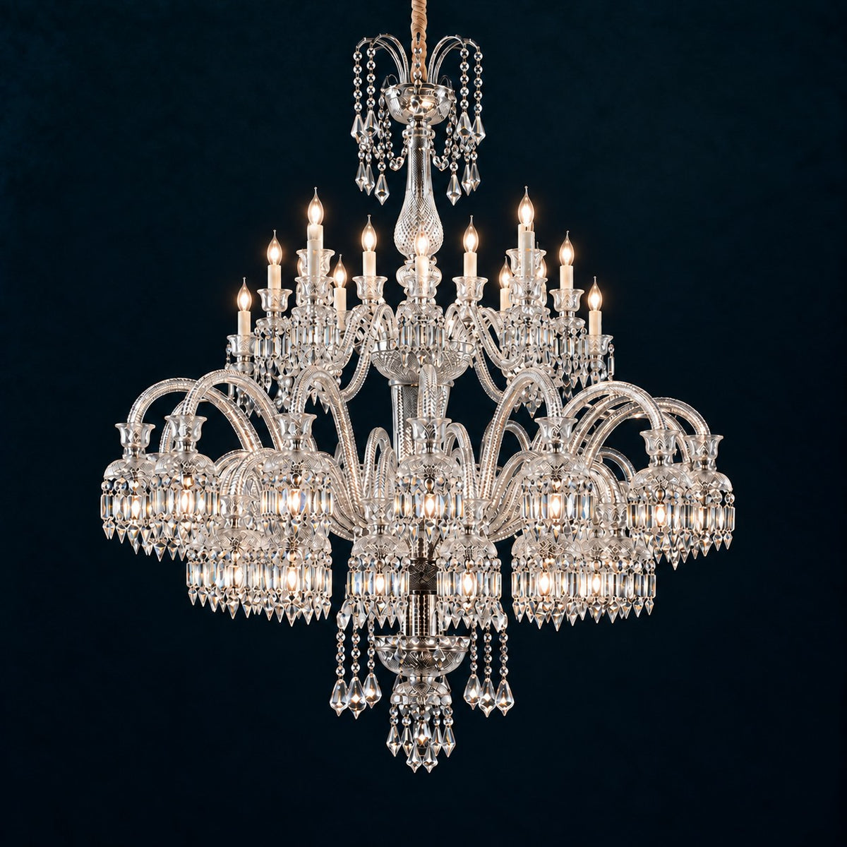 Fenora White Opal Glass 48-Light Chandelier 55.9" on a deep teal-blue wall