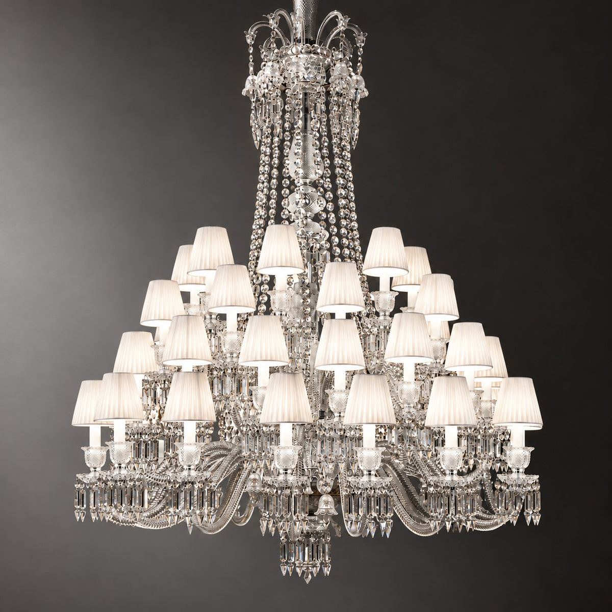 Ferola White Pleated Crystal 48-Light Chandelier 55.1" on a dark olive wall