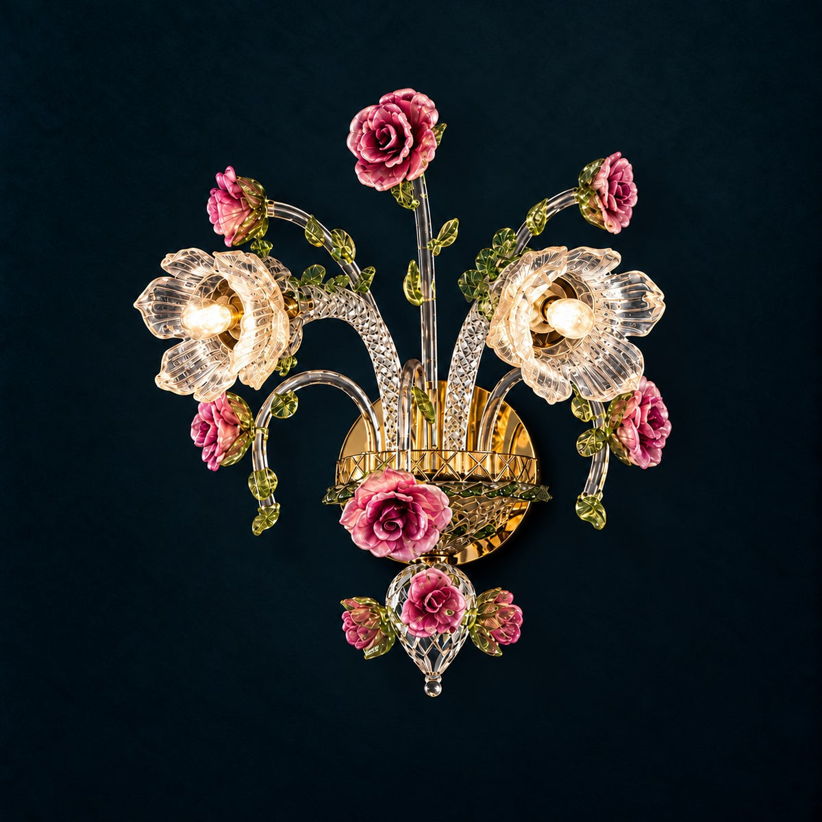 Fioranza Pink Rose Glass 2-Light Wall Sconce 16.9" on a deep teal-blue wall