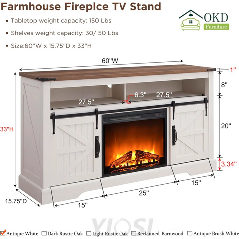 OKD Fireplace TV Stand for 65+ Inch TV, Farmhouse Style