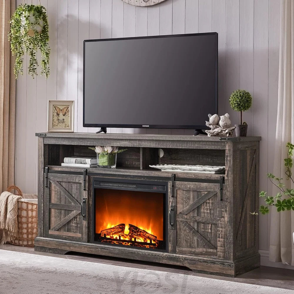 Fireplace TV Stand for 65 + Inch TV Farmhouse Style Dark Rustic Oak