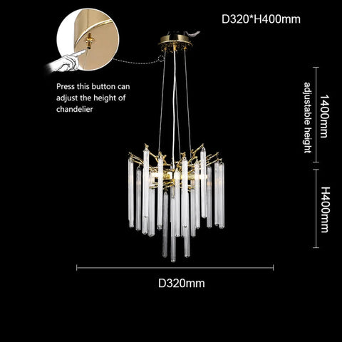 Fleur Modern Round Gold Clear Crystal Tube Branch Chandelier For Living Room 12.6’’Diam.