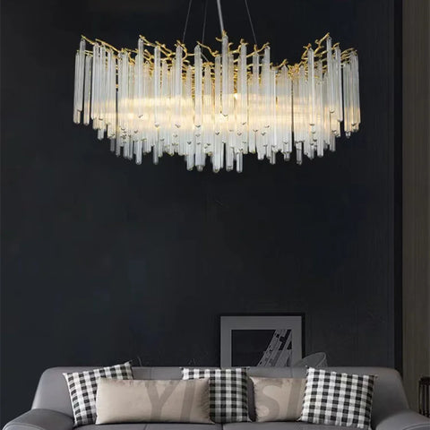 Fleur Modern Round Gold Clear Crystal Tube Branch Chandelier For Living Room