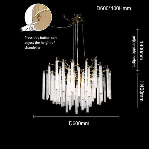 Fleur Modern Round Gold Clear Crystal Tube Branch Chandelier For Living Room 23.62’’Diam