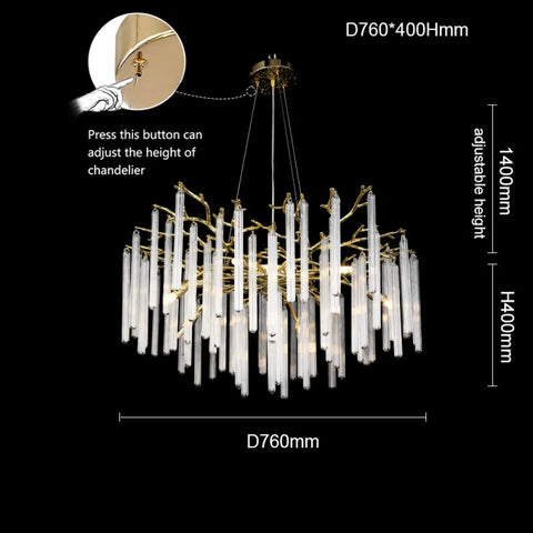 Fleur Modern Round Gold Clear Crystal Tube Branch Chandelier For Living Room 29.9’’Diam