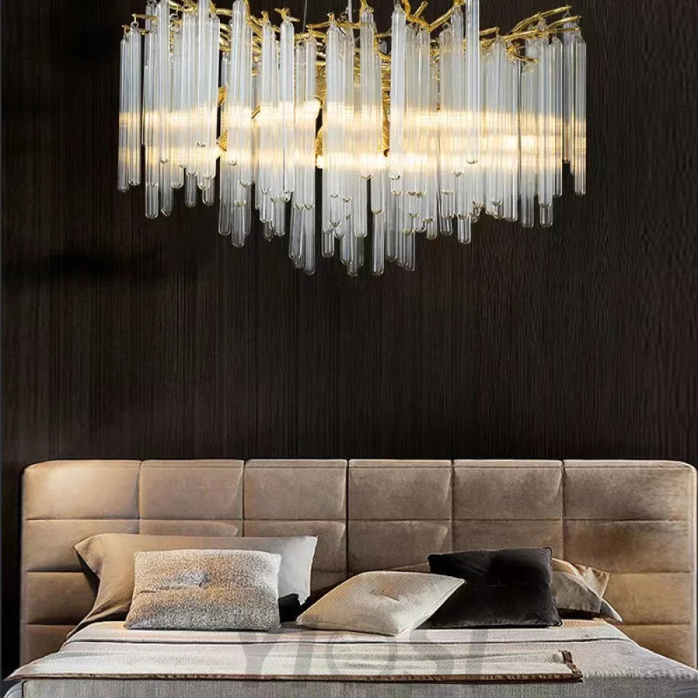 Fleur Modern Round Gold Clear Crystal Tube Branch Chandelier For Living Room