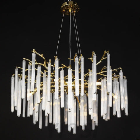 Fleur Modern Round Gold Clear Crystal Tube Branch Chandelier For Living Room